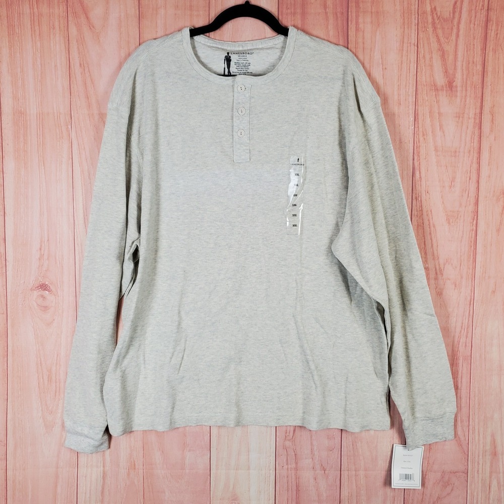 Lanesboro Mens Henley Shirt Sz 2XL Beige Cotton Thermal Waffle Knit Long Sleeve